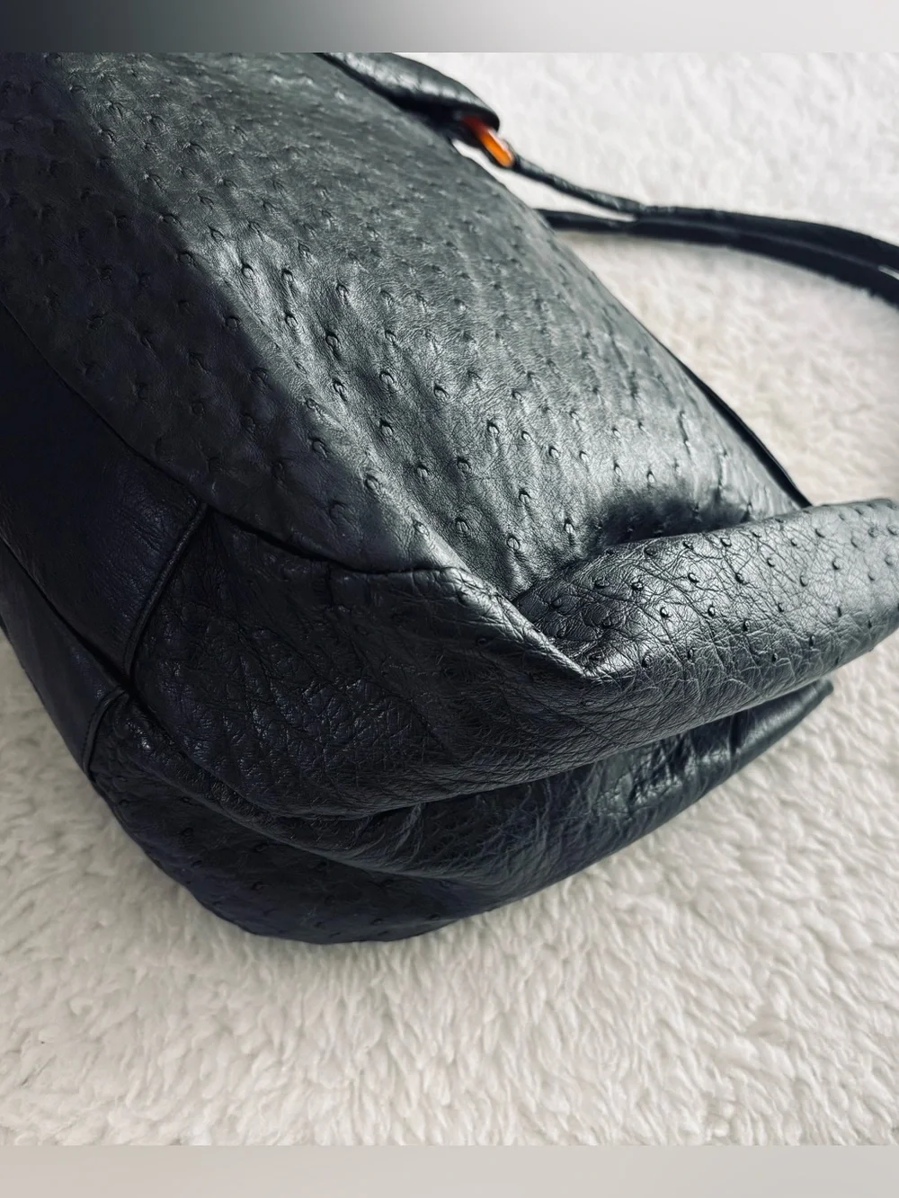 Vintage Black Genuine Ostrich Skin Leather Large Satchel Bag Size 13”x11”x7”